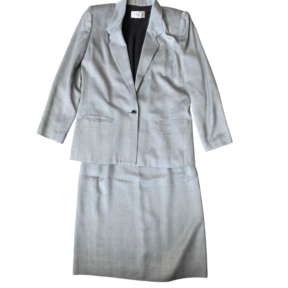 Worthington VTG Herringbone Skirt Suit Set Grey White Rayon Size 8 Made in USA